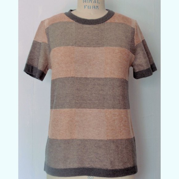 FOREVER 21 GRAY RUST PLAID ANGORA BLEND SHORT SLEEVE KNIT SWEATER L NWT - Picture 7 of 7